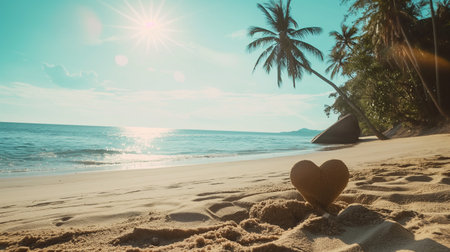 Tropical beach with palm trees and heart shaped symbol of loveの素材