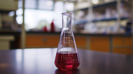 Laboratory glassware with red liquid in the laboratory, science backgroundの素材