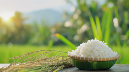 Rice in green bowl on wooden table with blurred rice field backgroundの素材