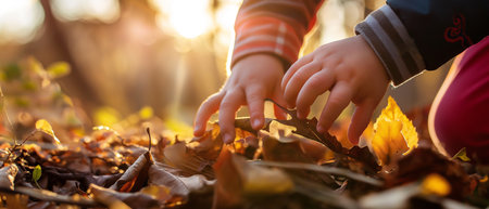 Little girl playing with fallen leaves in autumn forest. Happy childhood conceptの素材