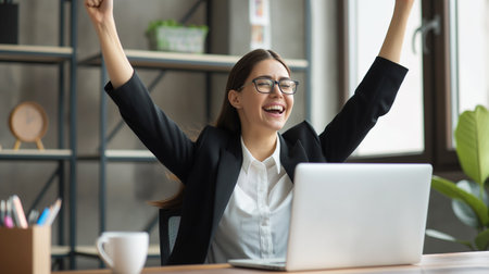 Excited businesswoman with hands up celebrating success at workplace in officeの素材