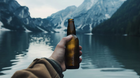 man hand holding beer bottle on the background of mountains and lake.の素材