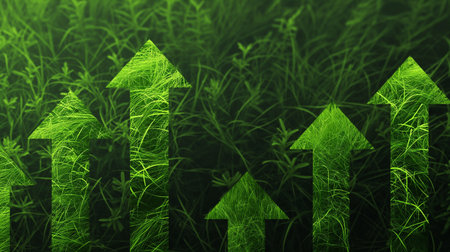 Green arrows on grass background. 3d illustration. Green energy conceptの素材