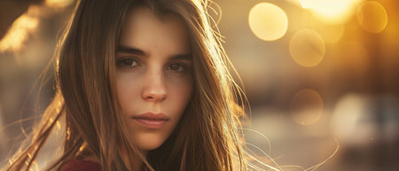 Portrait of beautiful young woman with long hair in the city.の素材