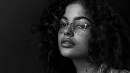 Beautiful african american woman with curly hair and stylish glasses.の素材