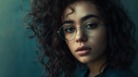 Portrait of a beautiful young woman with long curly hair and glassesの素材