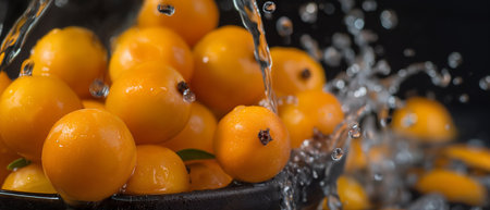 Close up of fresh yellow cherries with water splashes on black backgroundの素材