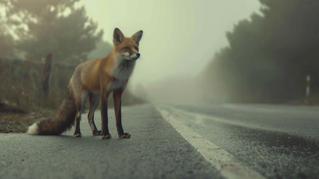Red fox standing on the road in the fog, vintage style.の素材