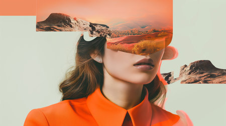 beautiful young woman in orange coat looking at camera isolated on grayの素材