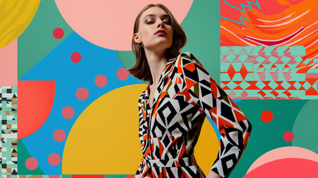 Fashionable young woman posing in studio with abstract colorful background.の素材