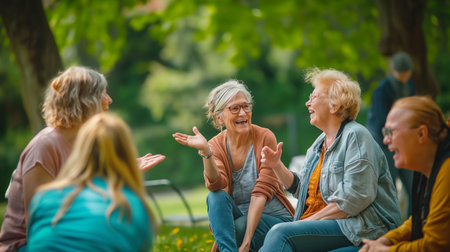 Group of seniors talking in the park. Selective focus on senior womanの素材
