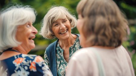 Group of senior friends having fun in the garden. Selective focus.の素材