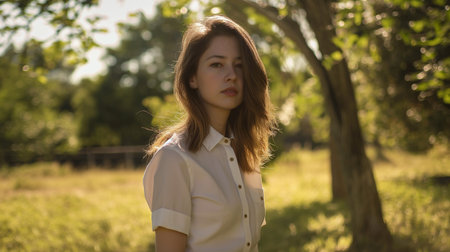 Young beautiful girl in a white blouse standing in the green parkの素材