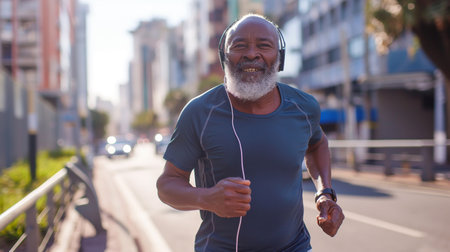 Portrait of senior man jogging while listening to music in cityの素材