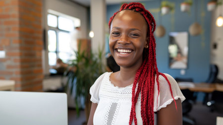 Portrait of smiling african american businesswoman using laptop in officeの素材