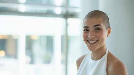 Portrait of a beautiful young woman smiling at the camera, indoors.の素材
