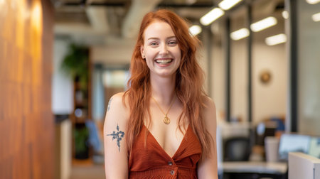 Portrait of a beautiful young redhead woman with freckles on her face.の素材