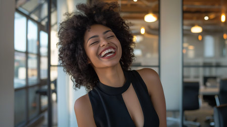 Portrait of happy african american businesswoman laughing in officeの素材