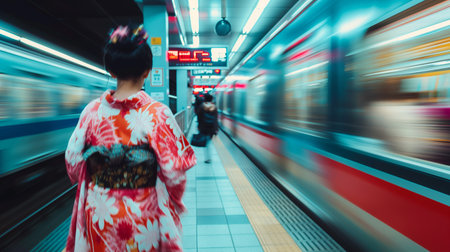 Japanese woman in kimono walking in the subway, motion blurの素材