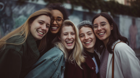 group of smiling multiethnic friends looking at camera on city streetの素材