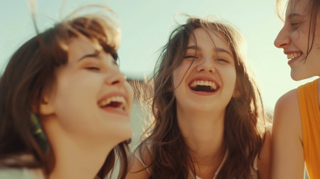 Portrait of three beautiful young women with long hair laughing and looking at each otherの素材