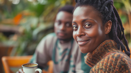 Portrait of smiling african american couple sitting in coffee shopの素材