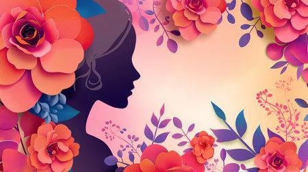 Beautiful woman face silhouette with flowers and leaves. Vector illustration.の素材