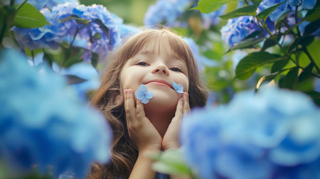 Beautiful little girl with blue hydrangea flowers in the gardenの素材