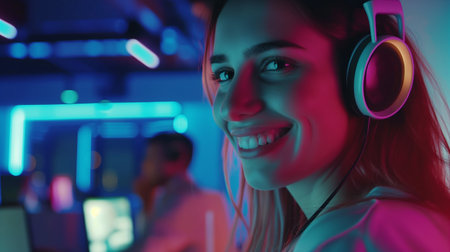Portrait of young woman in headphones playing computer games in dark roomの素材