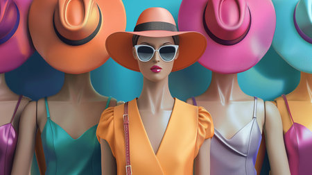 3d rendering of a fashion woman wearing a hat and sunglasses.の素材