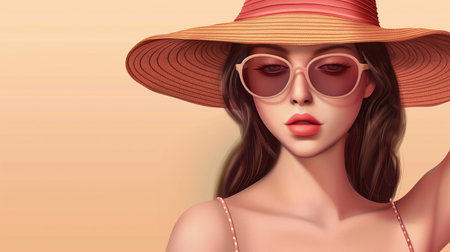 Fashion portrait of beautiful young woman in hat and sunglasses. Vector illustration.の素材