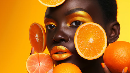 Beauty portrait of african american woman with orange on her head.の素材