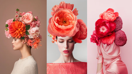 Collage of beautiful young woman with flowers in her hair. Beauty, fashion.の素材