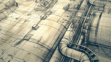 Abstract architectural background with blueprints. Architectural project. 3D Renderingの素材