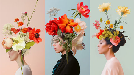 Collage of portraits of beautiful women with flowers in their hair.の素材
