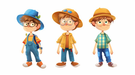 Cute little boys wearing different summer clothes and hats cartoon vector illustrationの素材