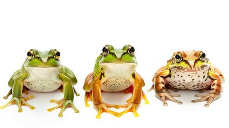 Three European tree frogs isolated on a white background. Green frog.の素材