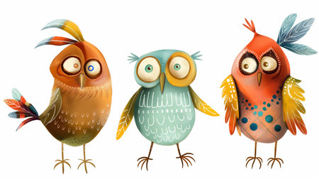 Set of colorful owls isolated on white background. Vector illustration.の素材