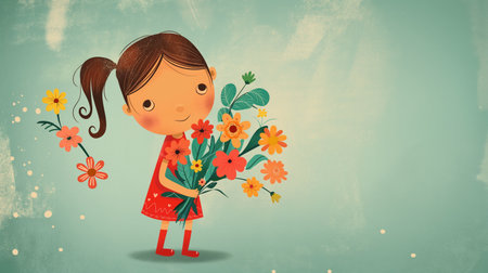 Cute girl with a bouquet of flowers. Vector illustration.の素材