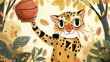 Funny leopard playing basketball in the forest. Cartoon vector illustration.の素材