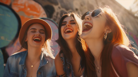 Three beautiful young women in sunglasses and hats have fun in the city.の素材