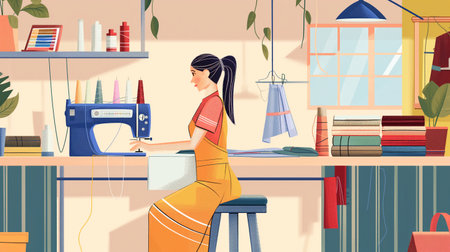 Woman seamstress working at her workplace. Sewing and tailoring concept. vector illustrationの素材