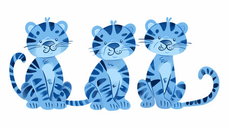 Vector illustration of a set of three cute cartoon tigers isolated on white background.の素材