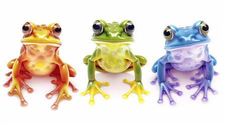 Three colorful frogs isolated on a white background. 3d rendering.の素材