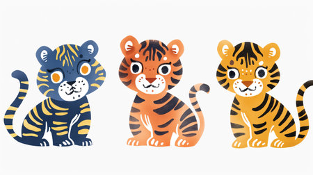 Set of cute tigers isolated on white background. Hand drawn vector illustration.の素材
