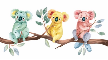 Cute cartoon koalas on a branch. Vector illustration.の素材