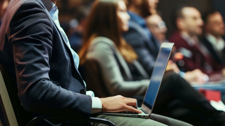 Image of business people sitting at table and working with laptop in conference hallの素材