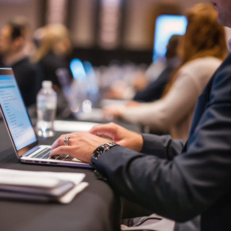 Close-up of business people hands working on laptop in conference hallの素材