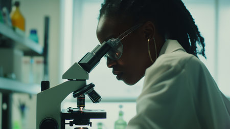 african american female scientist using microscope in laboratory. science, chemistry, biology, medicine and people conceptの素材