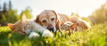 Golden Retriever and cat lying together on the green grass.の素材